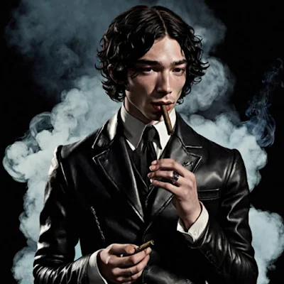 From the waist up Ezra Miller lighting a cigar in a black leather blazer