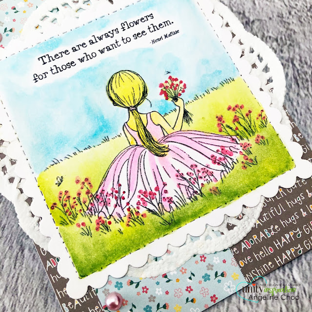 ScrappyScrappy: Unity Stamp with Graciellie Designs & Phyllis Harris - Happiness by choice #scrappyscrappy #unitystampco #gracielliedesign #phyllisharris #cardmaking #card #handmadecard #papercraft #rubberstamp #happinessbychoice #girlpickingflowers #flowerfield #doily #watercolor #watercolorpainting 