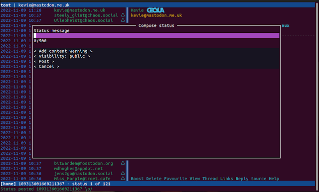The message composer screen for Toot that includes character counter, CW, visibilty options, post and cancel.
