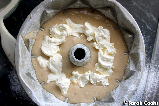 Banana Bundt Batter with cream cheese swirl