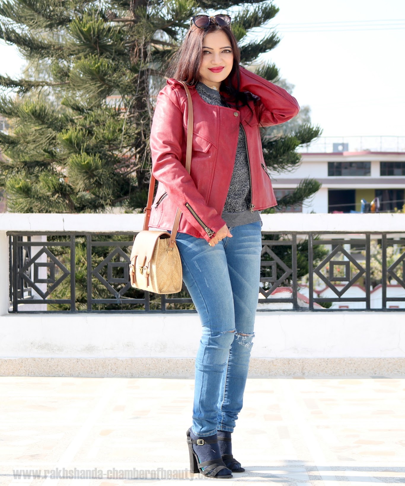 fashion, Front Row Shop, Indian fashion blogger, leather jacket, OOTD, styling a leather jacket, Vero Moda, winter fashion, Chamber Of Beauty, top fashion blog in India, how to style a burgundy leather jacket, ripped jeans