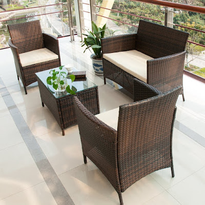 4 PCS Patio Rattan Furniture Set Cushioned Outdoor Garden Wicker Rattan furniture with Beige Cushion By Merax