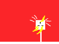 A quick drawing of an electrical socket with bolts of yellow electricity coming out of the holes and smoke whips at the tops sides. On a bright red background.