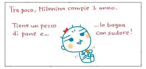 Tra poco, Milenina compie 1 anno. Tiene un pezzo di pane e lo bagna con sudore!