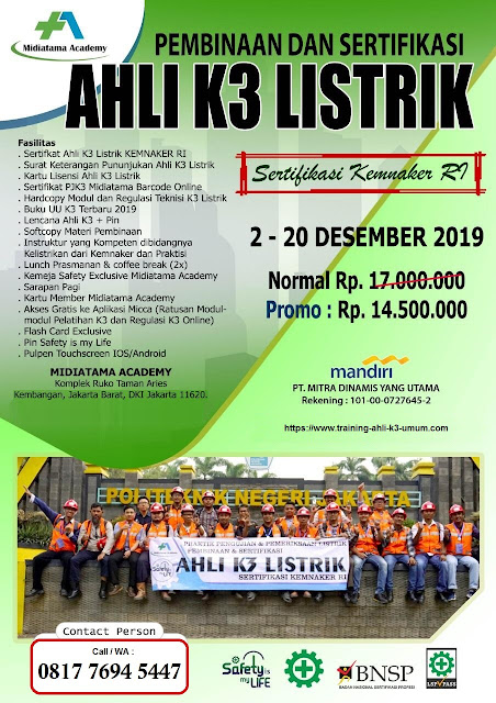 Ahli K3 Listrik kemnaker tgl. 2-20 Desember 2019 di Jakarta