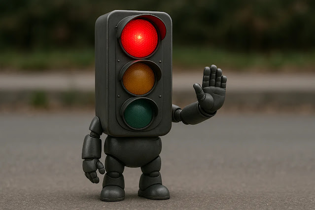 三頭身の信号機型ロボットが赤信号を点灯させ、屋外の舗装道路上で手を上げて通行を止めている様子