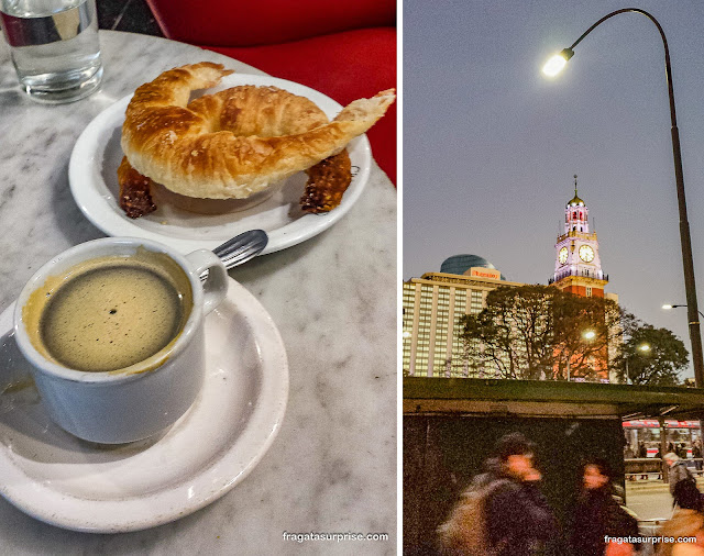 Buenos Aires: café com medialuna e a a Torre Monumental do Retiro