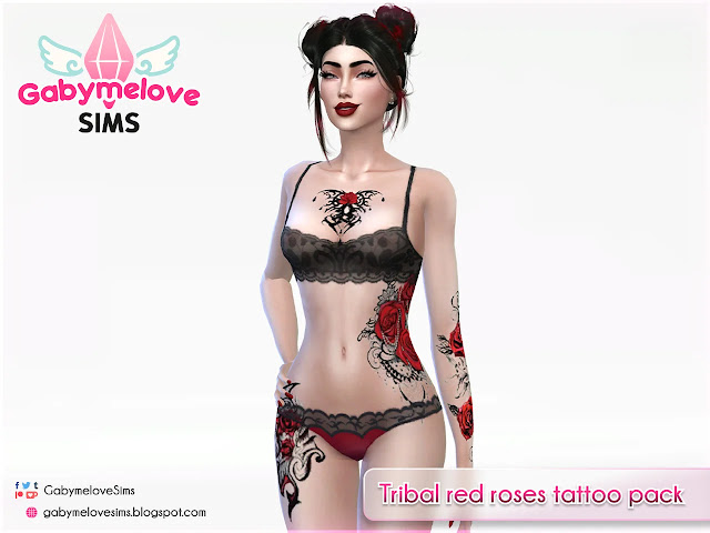 Sims 4 CC | Tattoo: Tribal red roses tattoo pack | Gabymelove Sims | Download, descargar, free, gratis, mod, custom, content, contenido personalizado, tatuaje, rosas, rosa, rose, roja, rojas, tribales, set, paquete