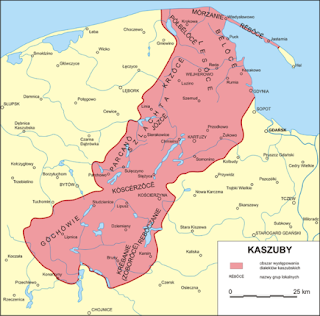 A map labeled in Polish, showing what appears to be a Kashubian-speaking area in pink, and the surrounding areas in yellow.