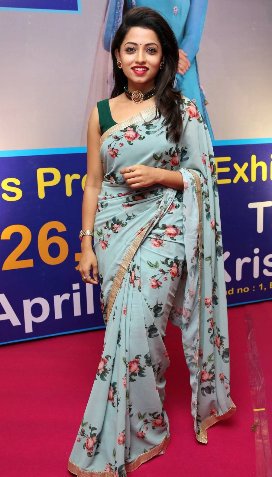 Indian Television Actress Navya Swamy In Sleeveless Blue Saree