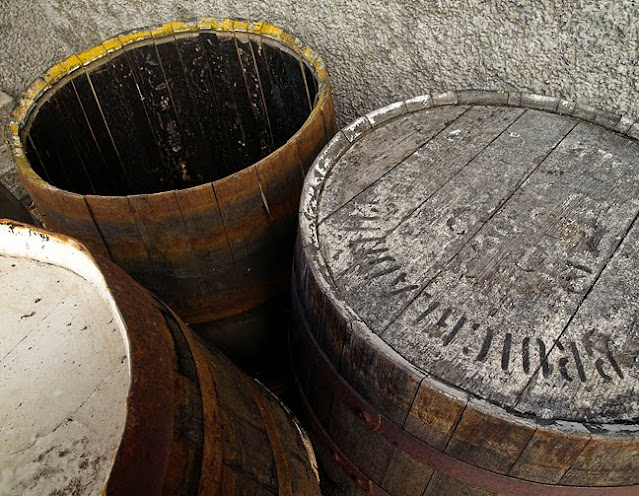 barrels at the Bruichladdich Distillery showing interior char