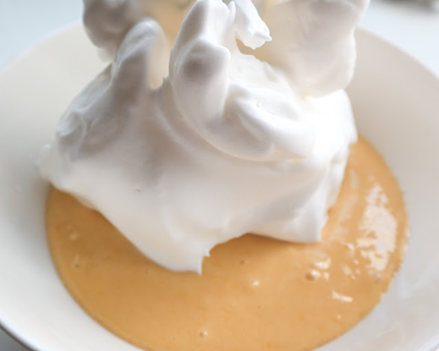 lemon meringue cake mixture and whipped meringue on top