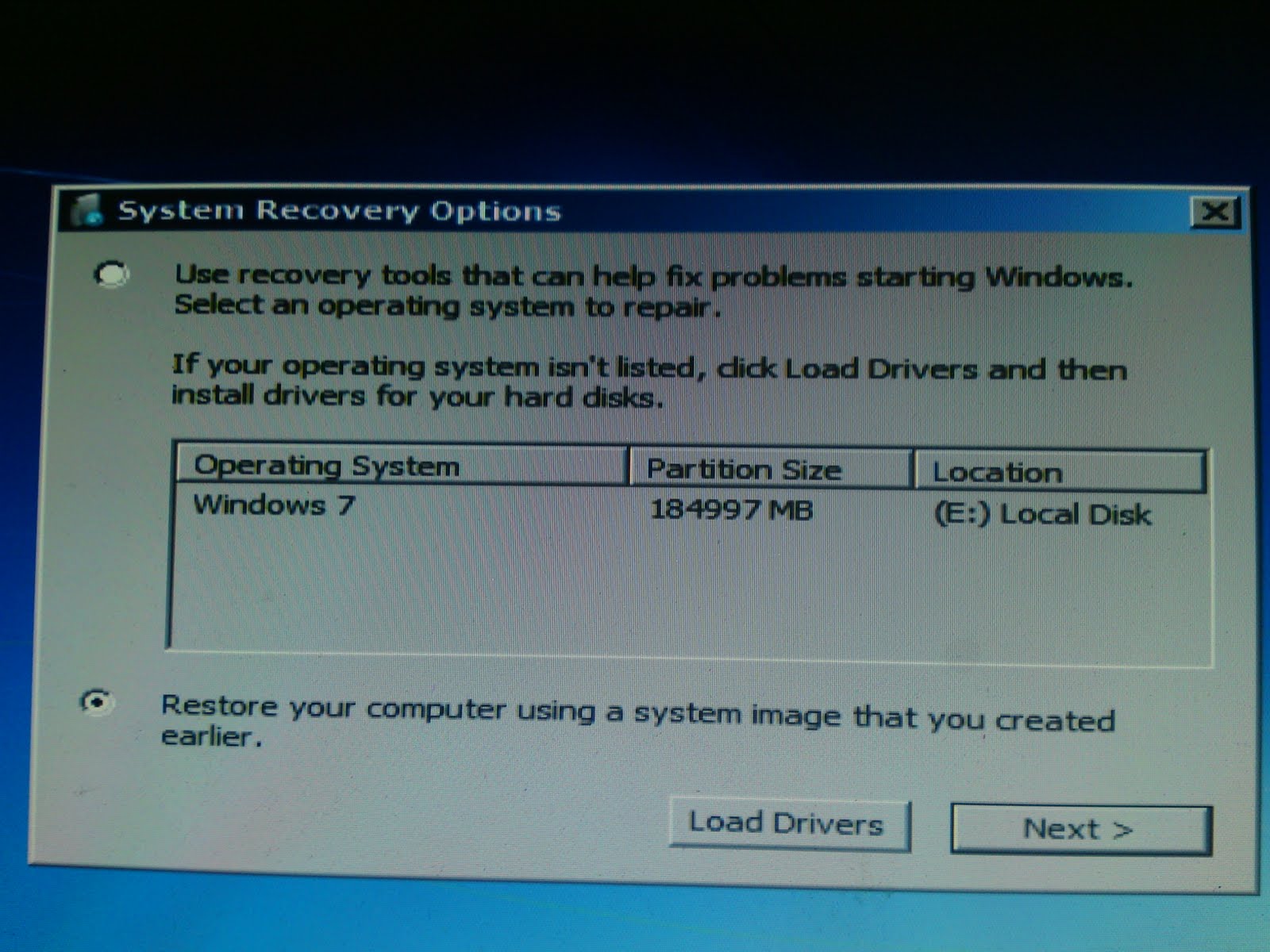 Step 7 Tampilan System Recovery Option akan memperlihatkan sistem operasi yang terinstall Pilih Option ke 2 Restore your puter using a system image