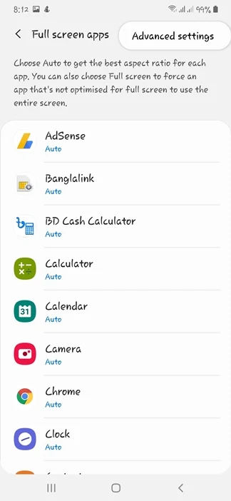 Advanced Settings on Full Screen Apps on Samsung A 50