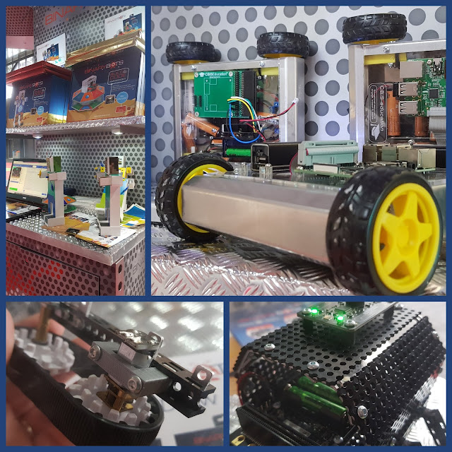 Collage of photos showing Binary Bots electronic vehicles and robots