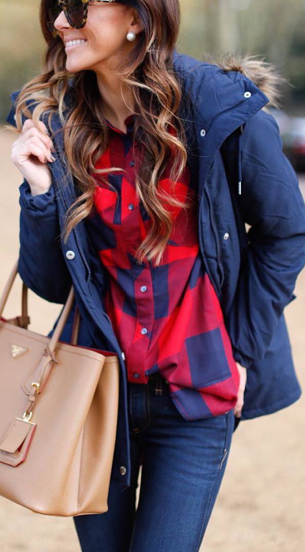 what to wear with a parka : palid shirt + bag + skinny jeans