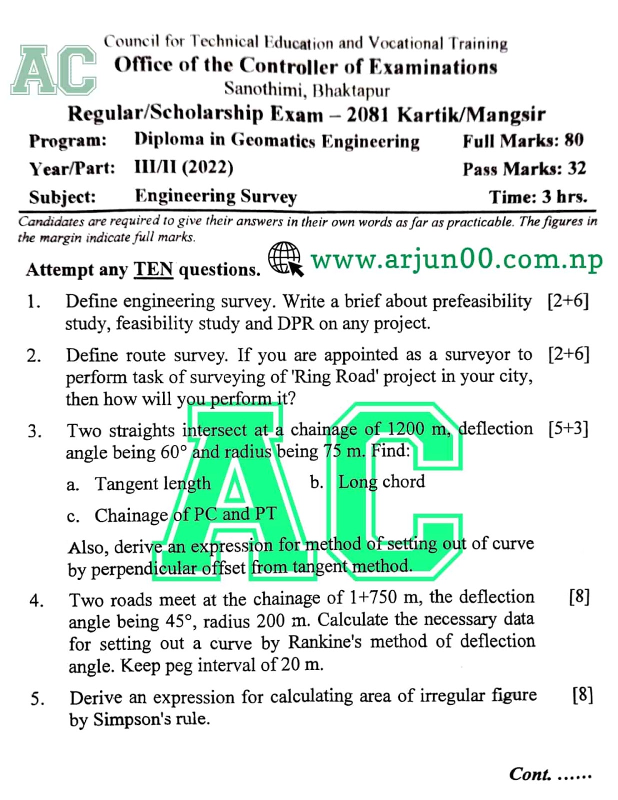 Engineering Survey :- 2079/80 Question Paper of Sixth Semester, Diploma in Geomatics Engineering ,CTEVT , Diploma , DGE ,6th Sem, arjun00 , Question Bank of Engineering Survey : 2081 to 2073 All Paper, Arjun00.com.np Engineering Survey :- Sixth Semester Question Paper - Diploma in Geomatics Engineering.
