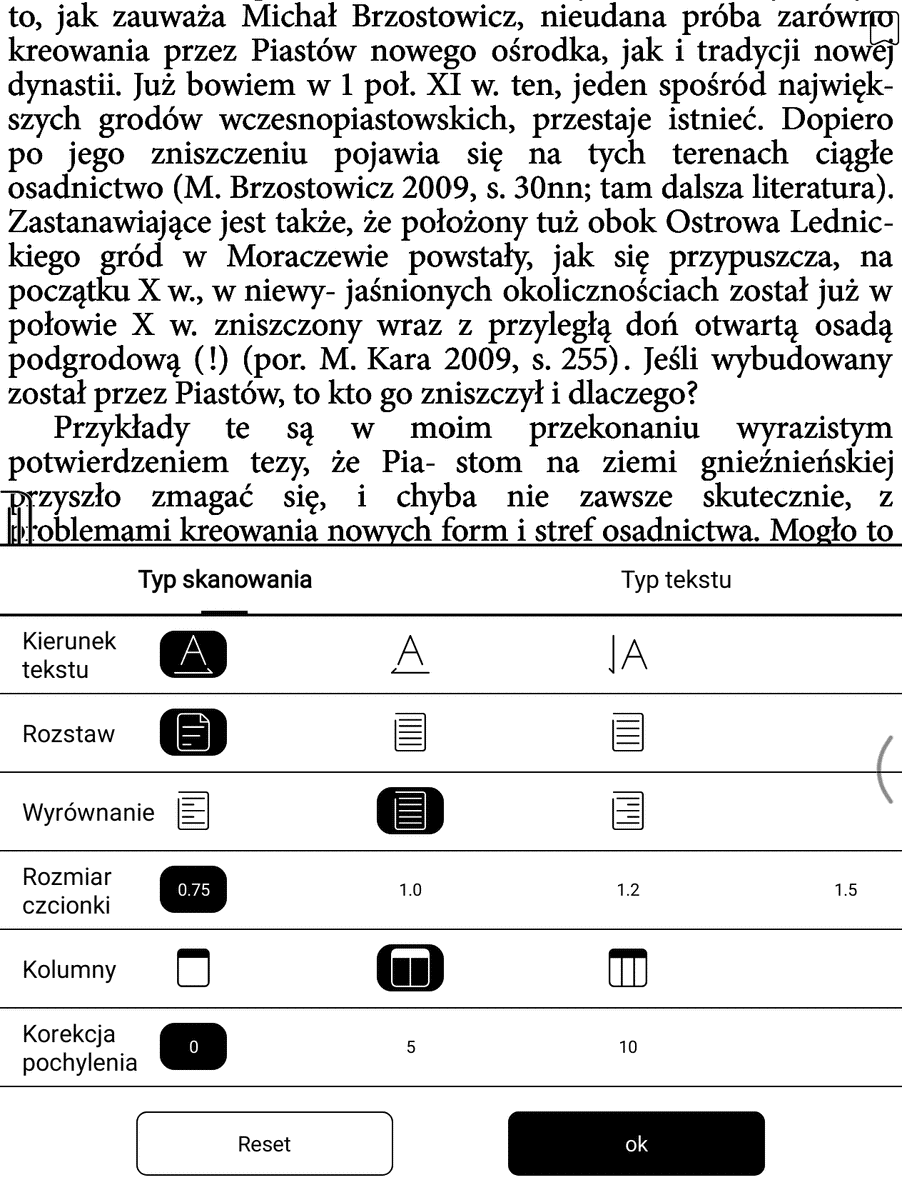 Onyx Boox Leaf – ustawienia trybu reflow w zakładce tryb skanowania