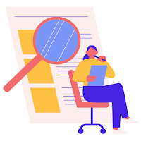 A woman sits in her chair, examining some paper. A large magnifying glass hovers over a document in the background.