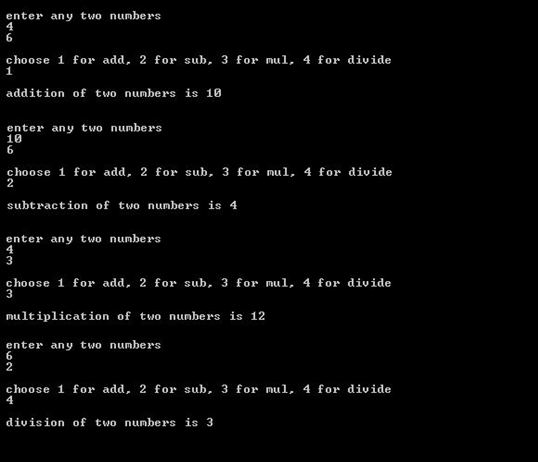 output of add, subtract, multiply and divide operation using switch statement in C program