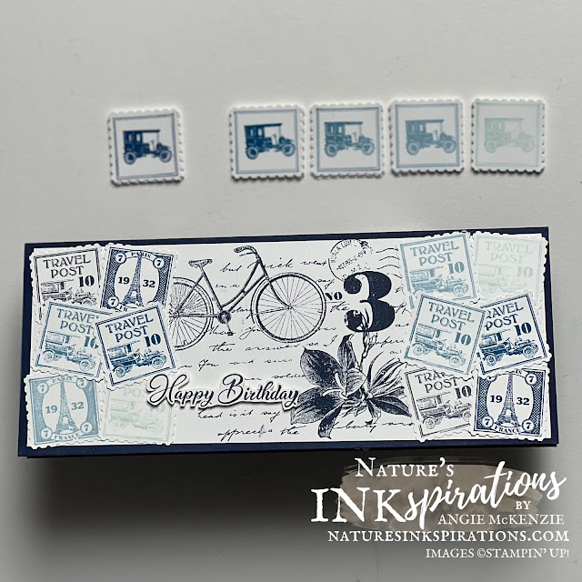 Postage Due Monochrome Birthday Card (front with stamped color samples) | Nature's INKspirations by Angie McKenzie