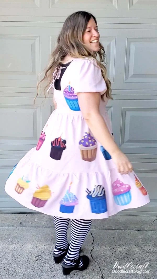 The sublimation won't work on a black fabric, and it will be muted slightly based on the fabric color.    The pink I picked worked really well, especially for cupcakes.   Just keep that in mind based on what you are sublimating on to your dress.
