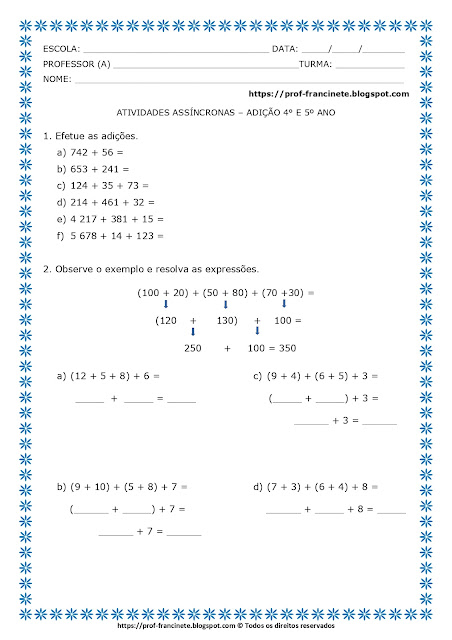ATIVIDADES ASSÍNCRONAS – ADIÇÃO 4° E 5º ANO