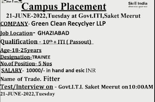ITI Jobs Campus Placement Interview for Green Clean Recyclyer LLP Ghaziabad, Uttar Pradesh Location at Govt. ITI, Saket, Meerut, Uttar Pradesh