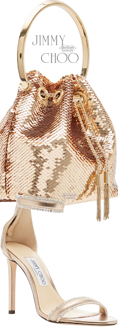 ♦Jimmy Choo Dochas crystal embellished neutral leather sandals & golden metallic sequined Bon Bon satin bucket bag #jimmychoo #shoes #bags #brilliantluxury