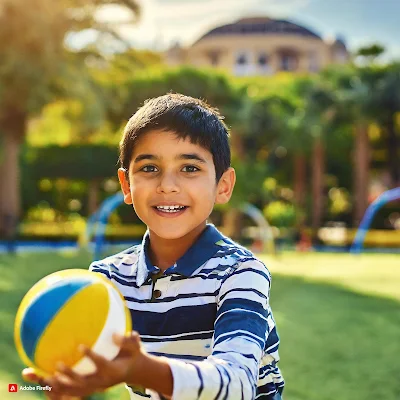 صورة واقعية لطفل يلعب الكرة في حديقة الاطفال