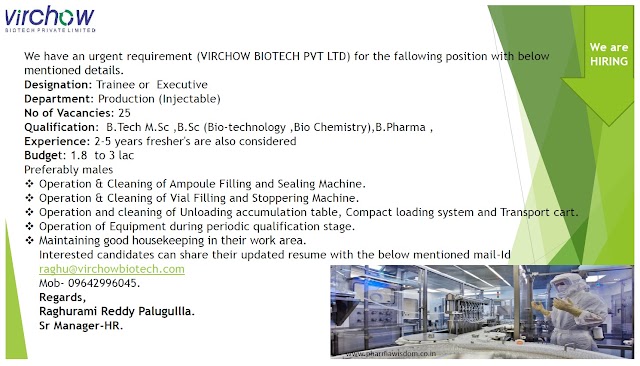 VIRCHOW BIOTECH PVT. LTD -  Requirement for Freshers & Experienced Trainee / Executive - Production | 25 Openings