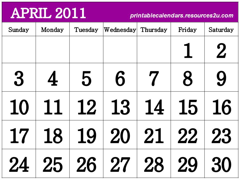 printable monthly calendar april 2011. Printable Calendar 2011 April