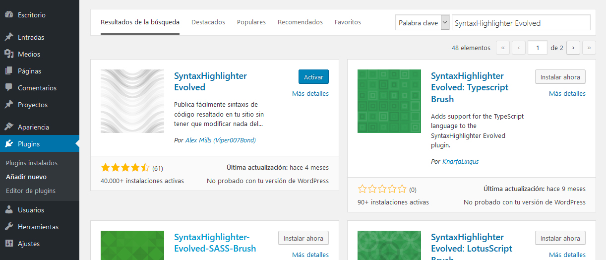 Añadir plugin SyntaxHighlighter WordPress