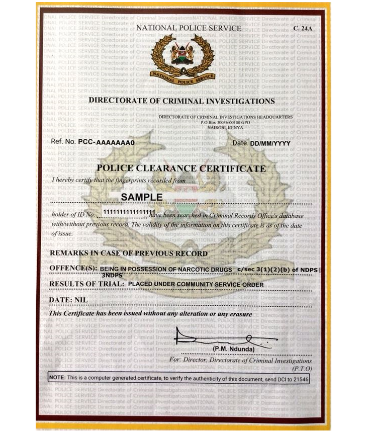 Sample Certificate of Good Conduct in Kenya and how to apply online through ecitizen portal for Kenyans and Foreigners