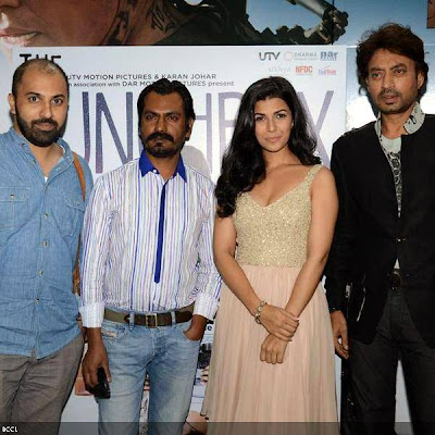 Director Ritesh Batra with cast, Nawazuddin Siddiqui, Nimrat Kaur and Irrfan Khan during the screening of the movie Lunchbox