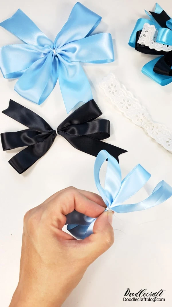 Then repeat the bow gathering process for the thinnest blue ribbon.