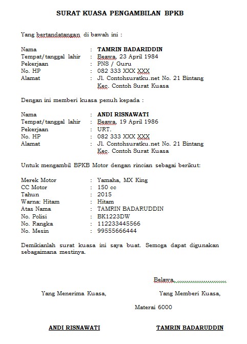 Contoh Surat Kuasa Pengambilan BPKB Terbaru Format MS Word 