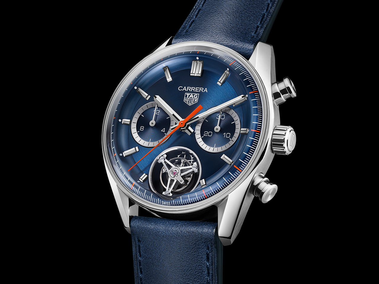 Tag Heuer Carrera Chronograph Tourbillon 42mm Watch - Blue Dial - Blue Leather Band - Steel Case