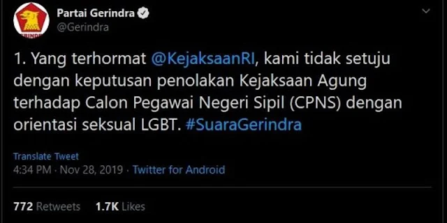 Dianggap Dukung LGBT, Gerindra Diserang Warganet