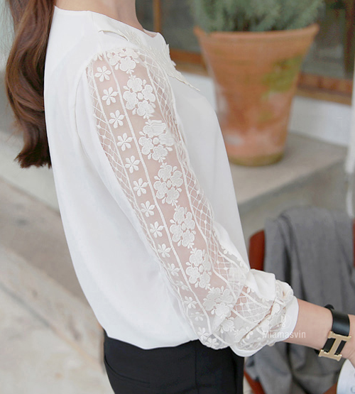 Lace Sleeve Blouse with Pointed Flat Collar