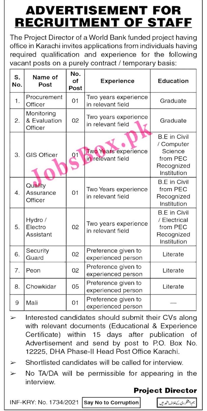 World Bank Funded Project PO Box No 12225 Karachi 2021 Latest New Jobs