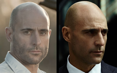 Man with Square face shape in frontal and semi-profile view. Mark Strong, British actor.
