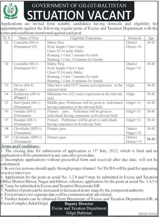 Latest Excise and Taxation Department Management Posts Gilgit 2022
