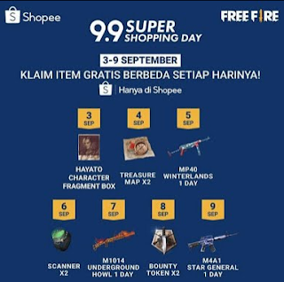 99 Shopee : Cara mendapatkan Hadiah Item Free fire Gratis di 9.9 Super Shoping Day FF [Event shopee]