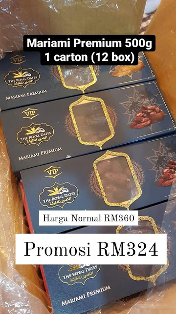Harga Promosi 1 Karton (12 Kotak) Kurma Mariami Premium 500g ialah RM324 (Jimat RM36)