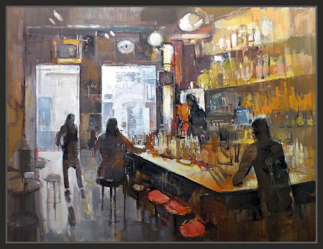 CAFETERIA-PINTURA-INTERIOR-CONTRALUZ-BAR-VIDA-TABURETES-ROJOS-CAFETERIAS-CUADROS-INTERIORES-ARTISTA-PINTOR-ERNEST DESCALS