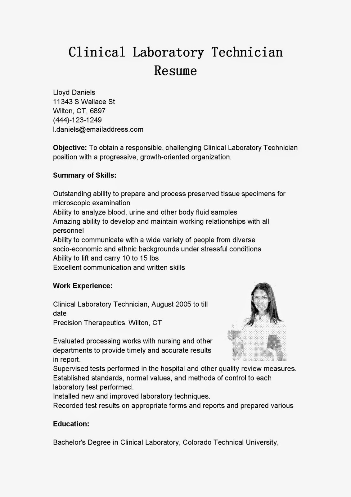 Resume Samples: Clinical Laboratory Technician Resume Sample