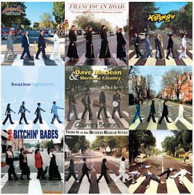 A mosaic of nine album cover parodies of Abbey Road.