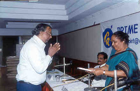 On Thursday the 19th October 2000, a panel discussion on "Role of Media in National Crisis - Lessons from the past" was held.  Mr V Vaikunth, (formerly Director General of Police, Tamilnadu), Prof. Josephine (Head of the Department of Mass Communication, University of Madras) and Mr K N Arun (Chief of Bureau, Jain TV) were the panelists.  It was an interactive session with the audience also.  Eminent personalities of the City attended the programme.    Dr U Srinivasa Raghavan, Chief Post Master General, Tamilnadu presenting memento to Prof Josephine, Panelist  Major General Balasubramanian, Founder of Computer Society of India and a leading personality of the City presenting memento to Mr V Vaikunth, panelist     Mr K Rajendran, former Banker and Advisor of the Foundation presenting memento to Mr K N Arun, Panelist