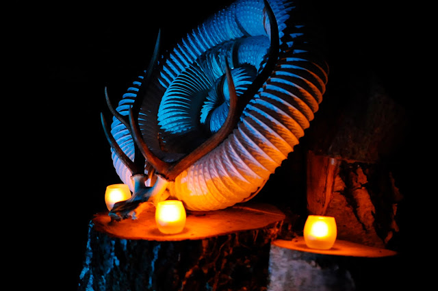 An ammonite-like sculpture with candles and antlers